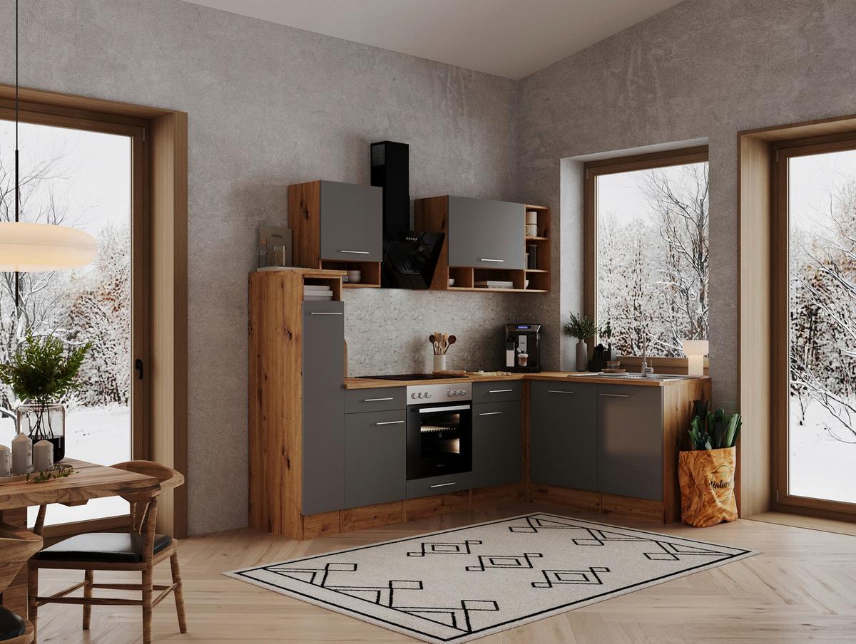 Eckküche mit Geräten 250 cm Grau/Wildeichefarben - Eichefarben/Grau, Basics, Holzwerkstoff (250/172cm) - Respekta