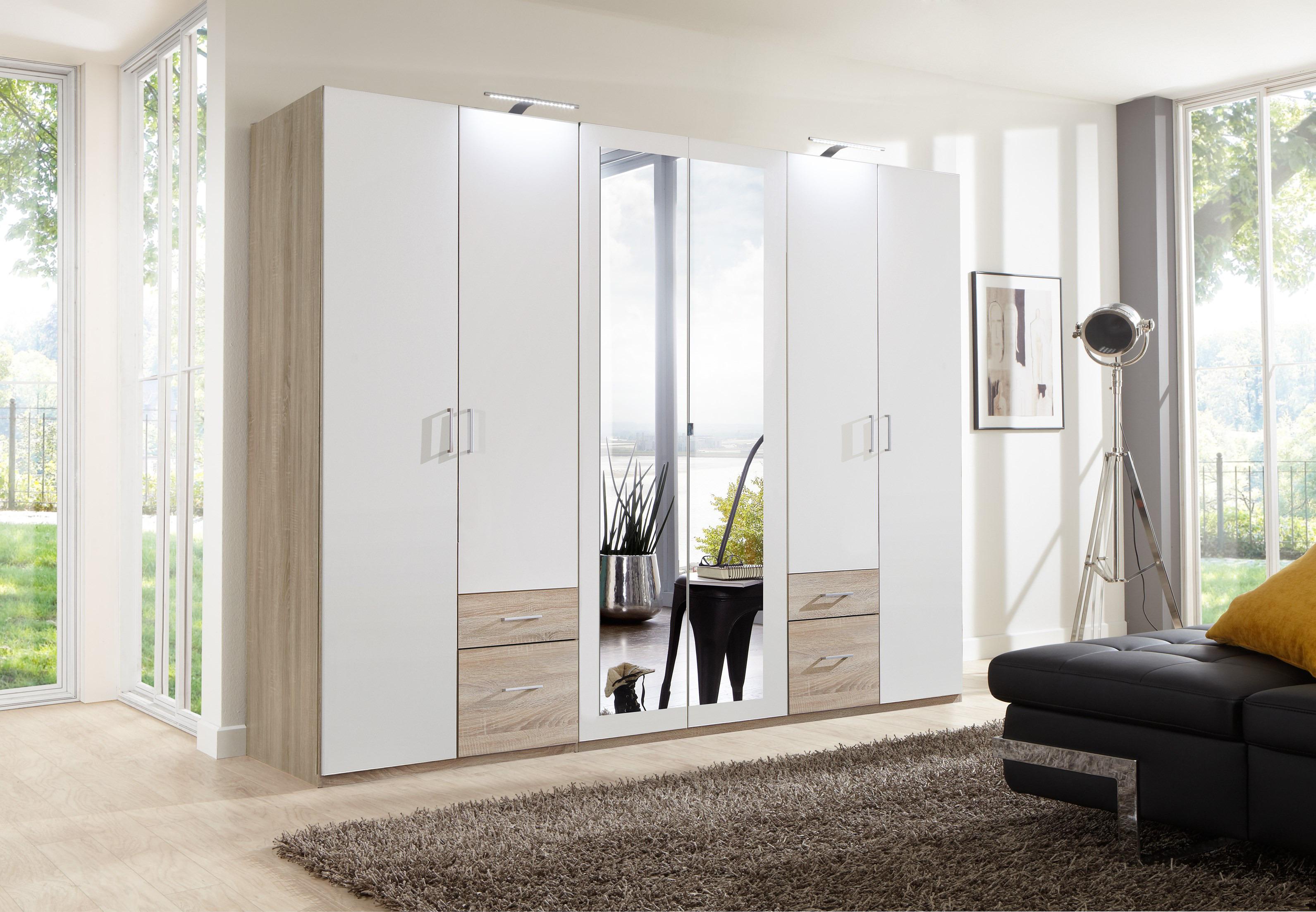Drehtürenschrank Mit Spiegel + Laden 270cm Fly, Weiß/Eiche - Eichefarben/Weiß, Design, Glas/Holzwerkstoff (270/210/58cm) - MID.YOU