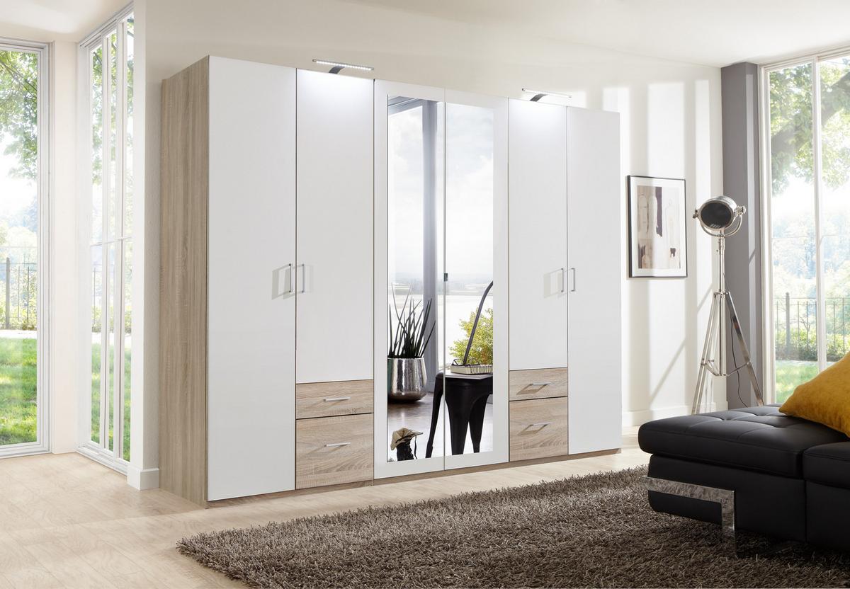 Drehtürenschrank Mit Spiegel + Laden 270cm Fly, Weiß/eiche - Eichefarben/Weiß, Design, Glas/Holzwerkstoff (270/210/58cm) - MID.YOU