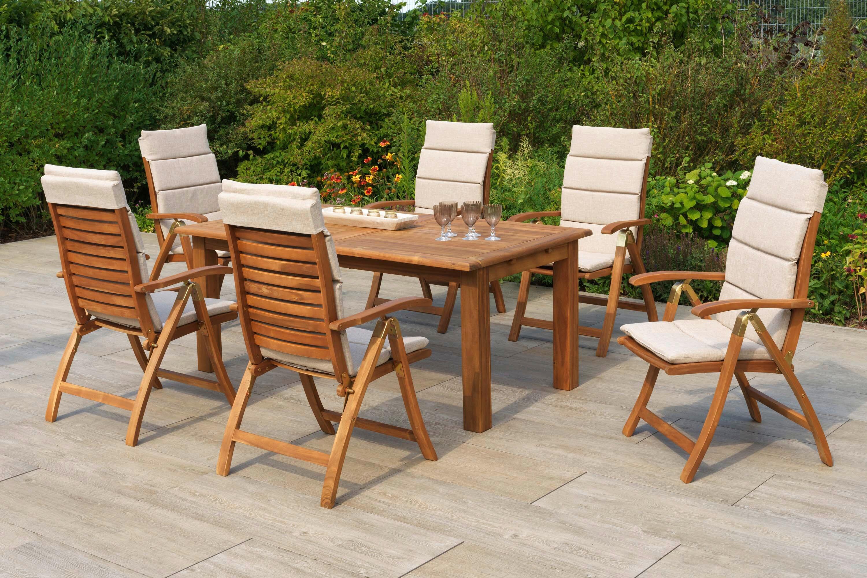Gartentischgruppe 7tlg. Set - Beige/Akaziefarben, KONVENTIONELL, Holz/Textil - Gardenson