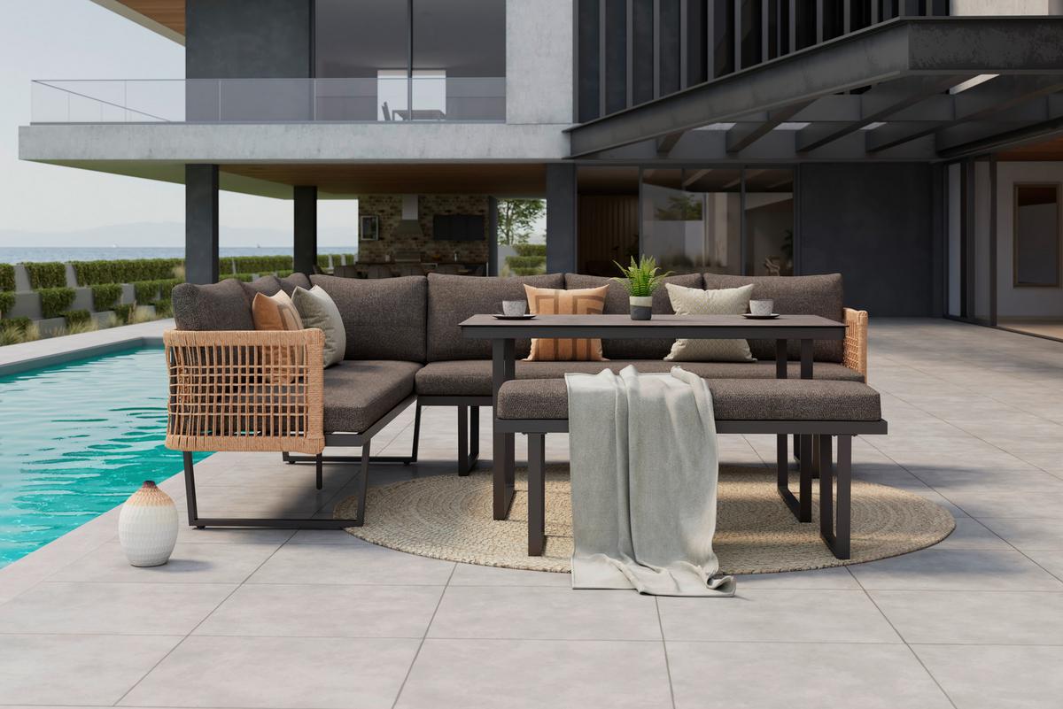 Loungegarnitur Bologna - Anthrazit/Braun, MODERN, Glas/Kunststoff (256/198cm) - Beldano