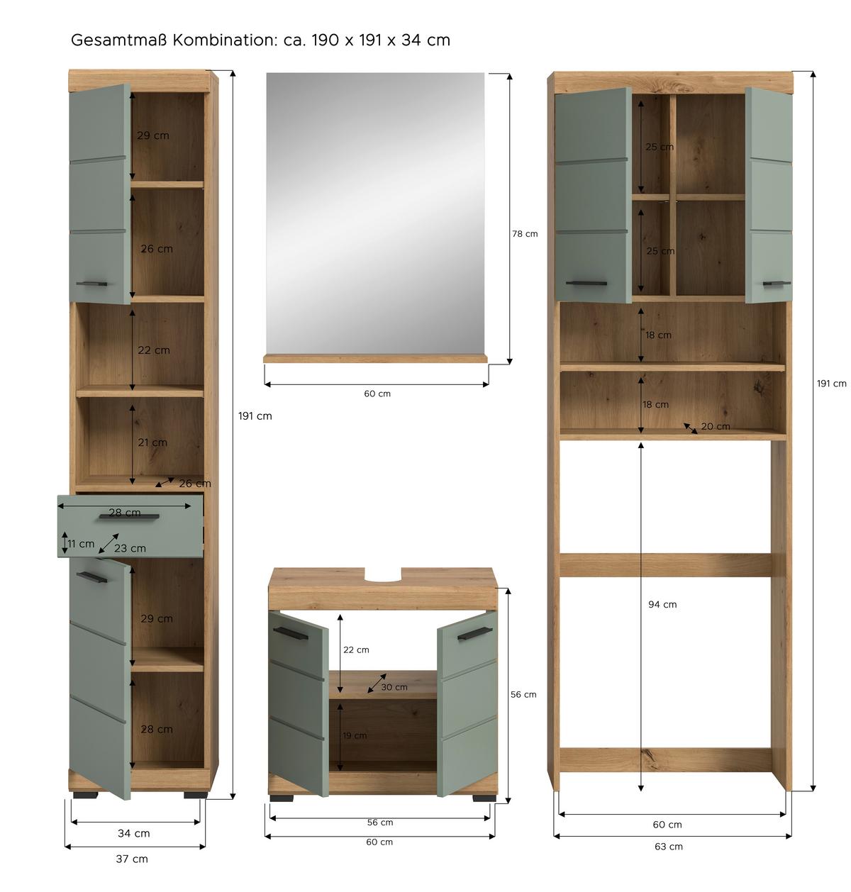 Badezimmer Scout Eiche Artisan Salbeigrün - Salbeigrün/Eiche Artisan, MODERN, Glas/Holzwerkstoff (180cm) - MID.YOU