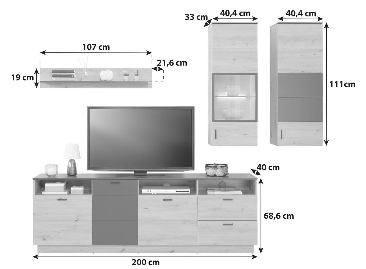 Wohnkombination Modern 4 -Teilig. Tonale 3, Eiche Dekor/Grau - MODERN (240,4/207,6/40cm)