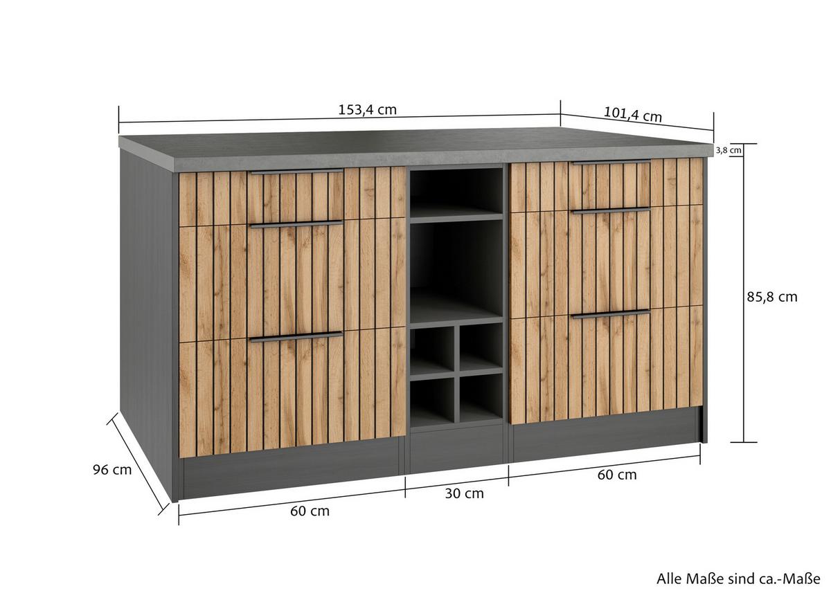 Kücheninsel Liverpool Graphit, Eiche Dekor B: 153 cm - Schieferfarben/Eiche Wotan, Basics, Holzwerkstoff (153/86/101cm) - Held