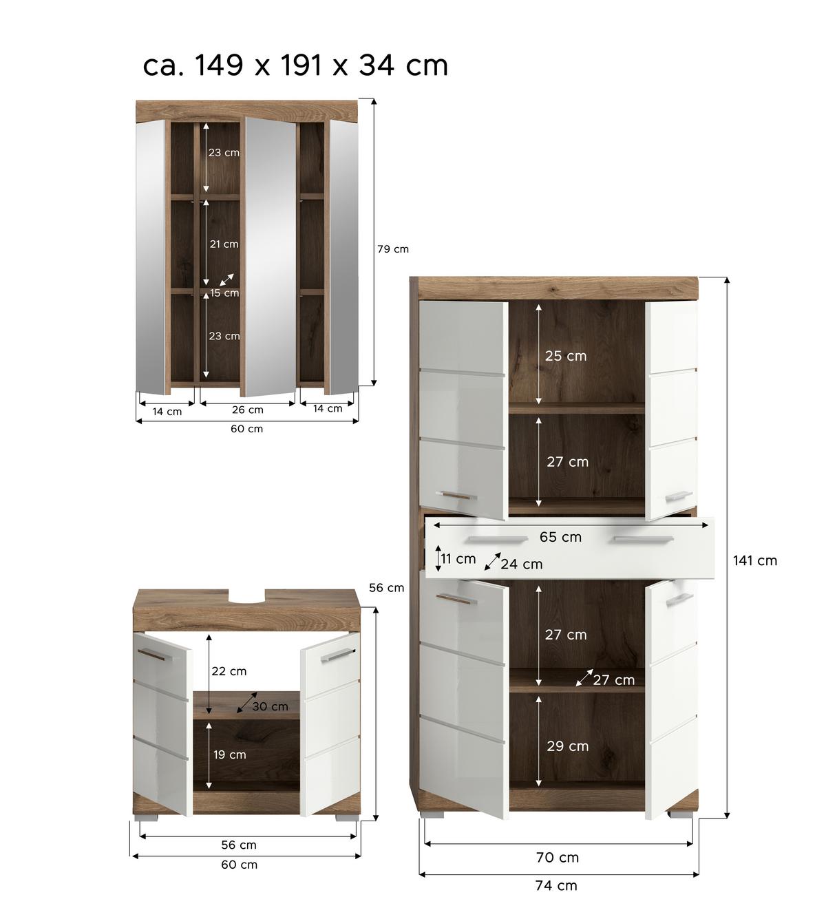 Badezimmer Eichefarben Dekor Weiß Hg - Weiß Hochglanz/Eichefarben, MODERN, Glas/Holzwerkstoff (134cm) - MID.YOU