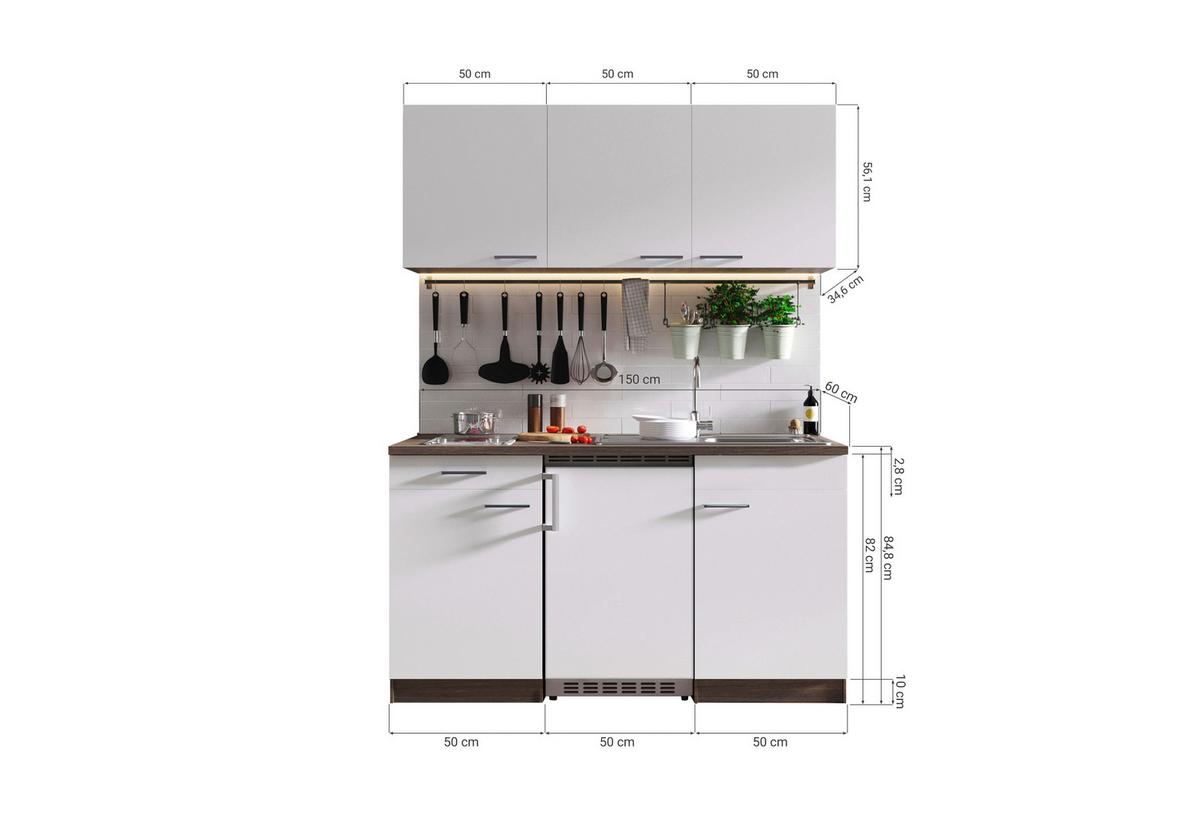 Miniküche Oliver Singleküche 150 cm - Eichefarben/Schwarz, Basics, Holzwerkstoff (150cm) - Respekta