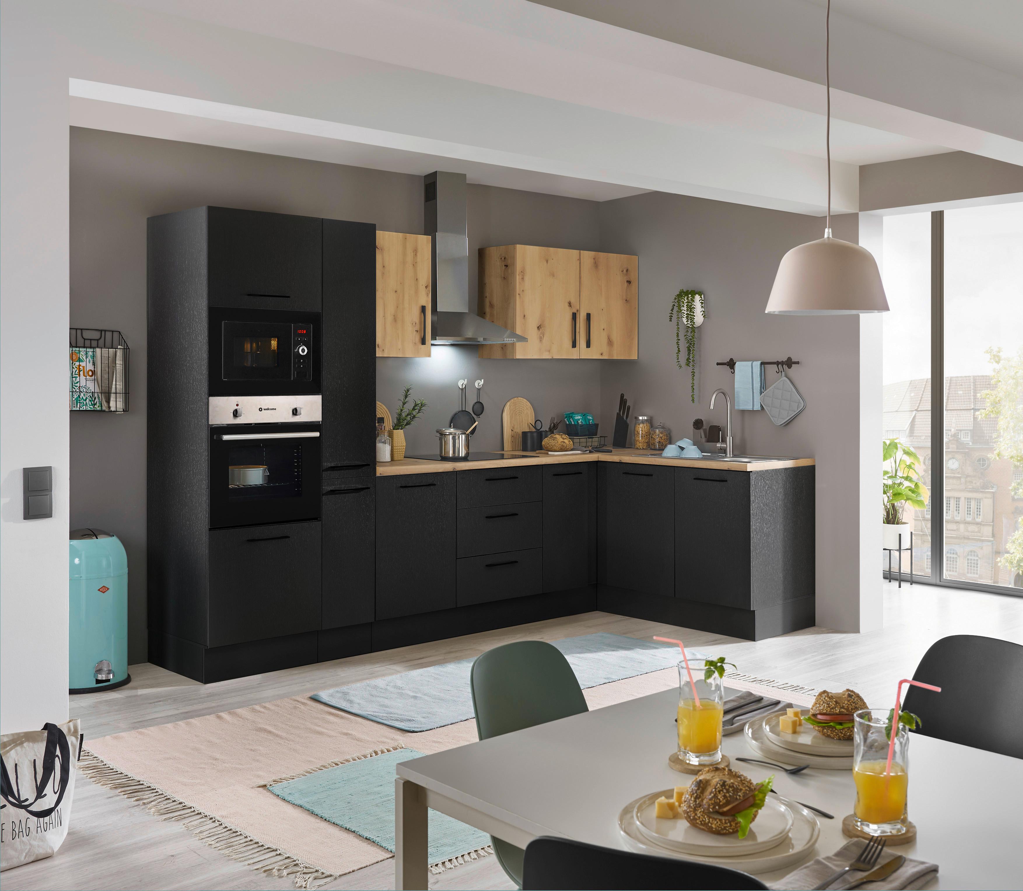 Eckküche Turin Schwarz/Eiche Dekor 300x165 cm - Schwarz/Eiche Artisan, Basics, Holzwerkstoff (300/165cm) - MID.YOU