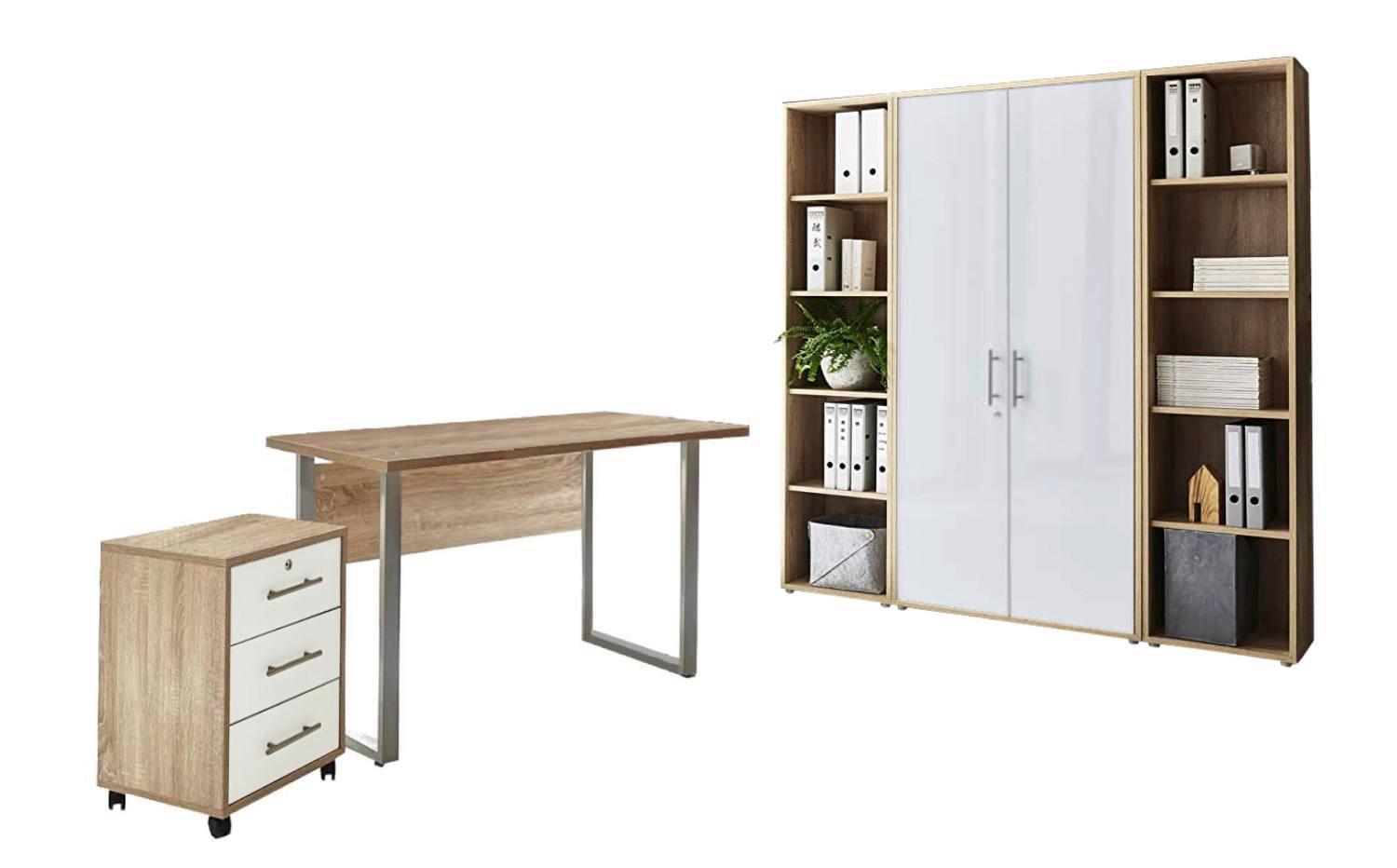 Büro Office Edition Eiche Dekor/weiß Hochglanz - Weiß Hochglanz/Sonoma Eiche, MODERN, Holzwerkstoff/Metall - MID.YOU