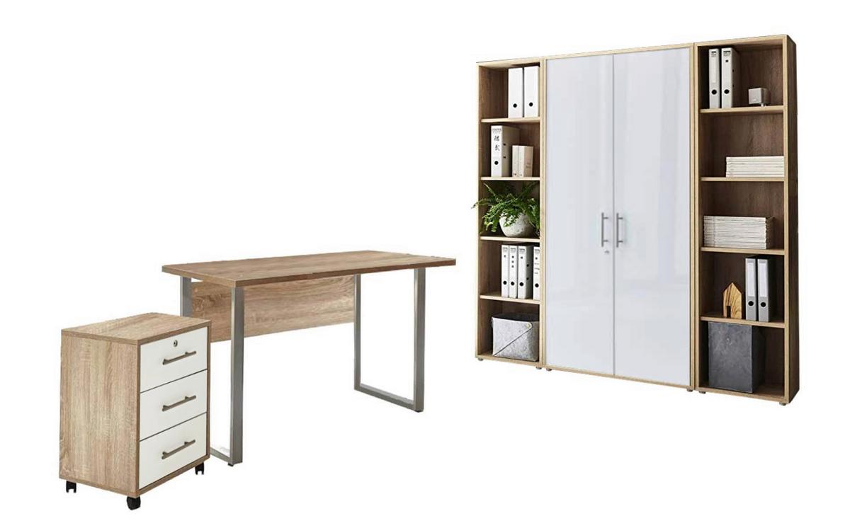 Büro Office Edition Eiche Dekor/weiß Hochglanz - Weiß Hochglanz/Sonoma Eiche, MODERN, Holzwerkstoff/Metall - MID.YOU