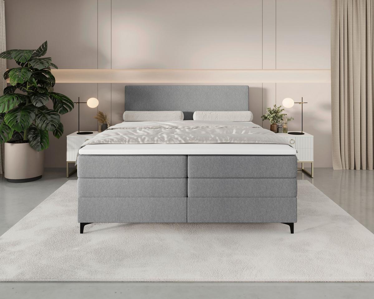 Boxspringbett mit Topper Taro grau, 160x200cm - Hellgrau/Schwarz, KONVENTIONELL, Textil/Metall (160/200cm)
