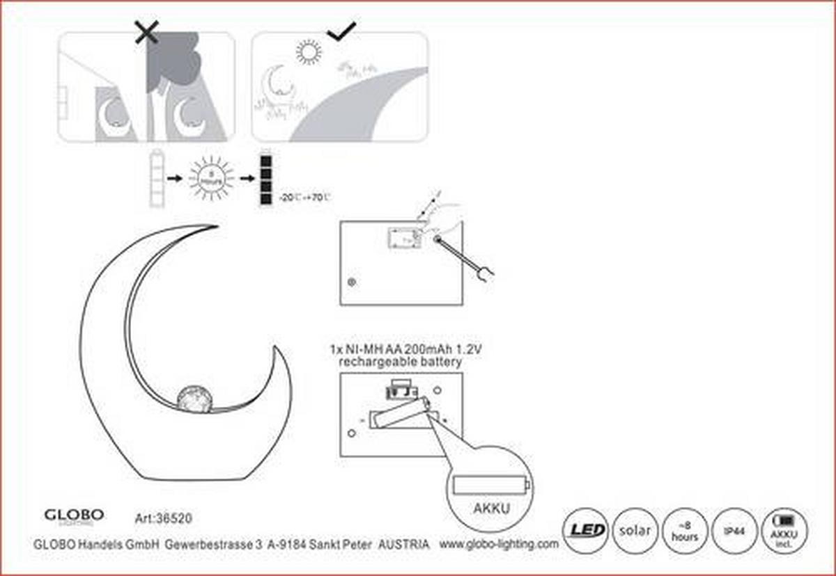 Solarleuchte 36520 - Klar/Messingfarben, Design, Glas/Metall (37,5/13,5/45cm) - Globo