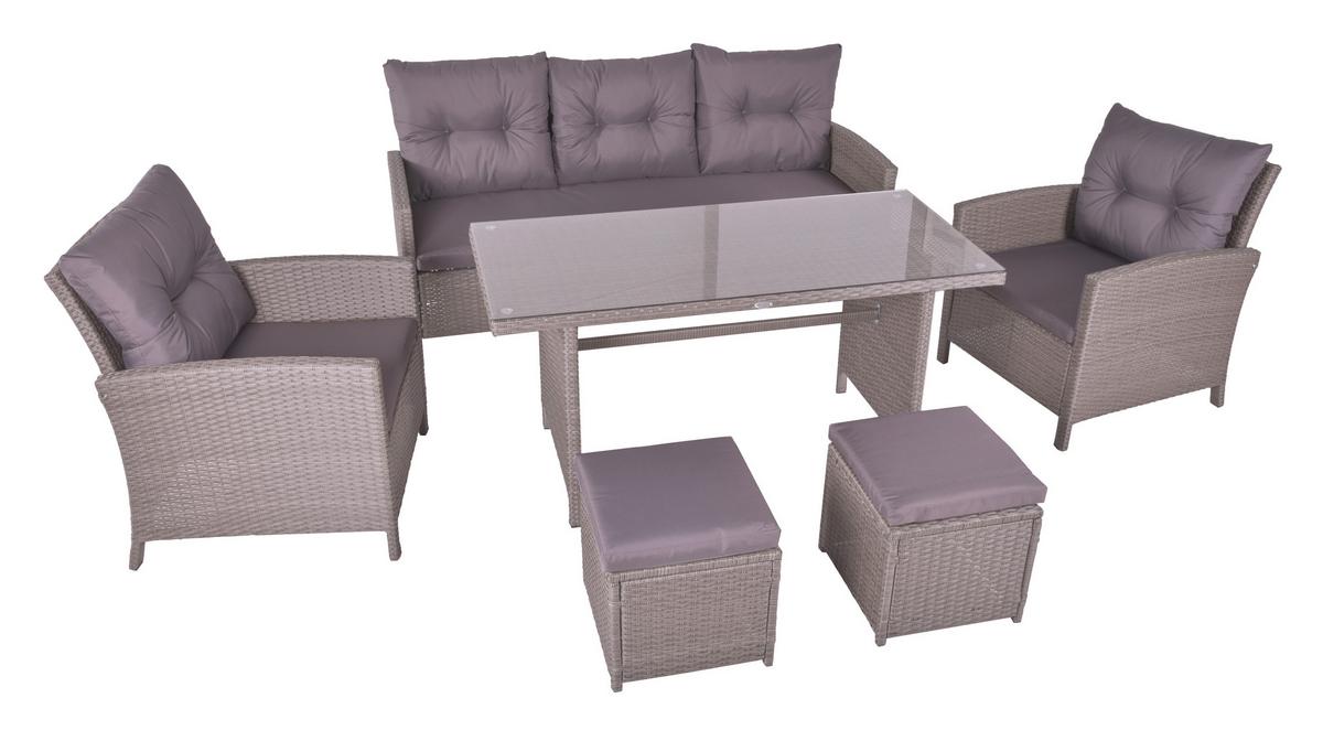 Gartengarnitur 6-tlg Sevilla Metall/kunststoff/glas +kissen - Dunkelgrau/Schwarz, MODERN, Glas/Kunststoff - Gardenson