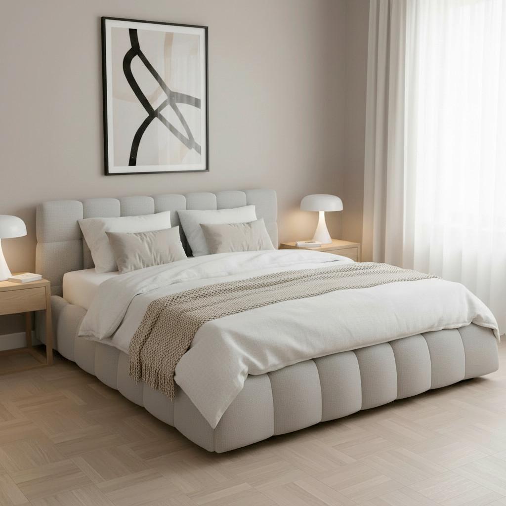 Čalúnená posteľ MARIJA 180x200 cm, svetlosivá - prírodná farba/farba ušľachtilej ocele, Modern, kov/drevo (180/200cm) - Bessagi Home