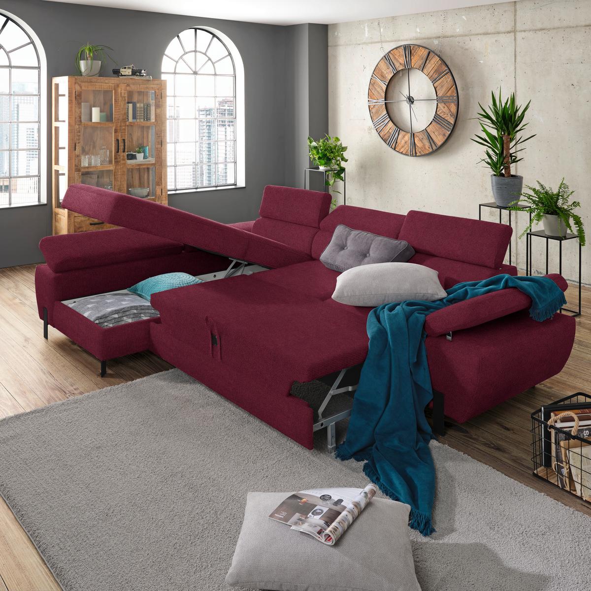 Rohová sedačka MILNA, levá, bordeaux - bordeaux/černá, Moderní, kov/textil (189/90/277cm) - Mömax