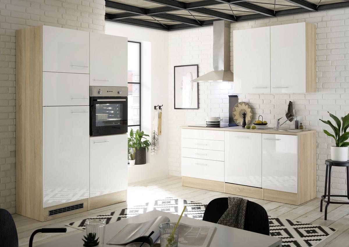 Küchenzeile Laurel mit Geräten 310 cm Weiß/Eiche Dekor - Weiß/Sonoma Eiche, MODERN, Holzwerkstoff (310cm) - MID.YOU