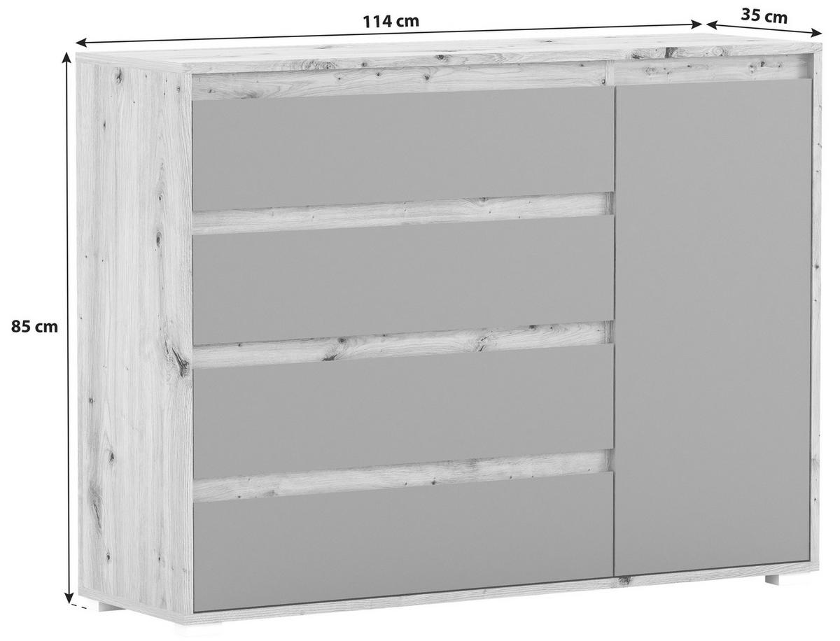 Kommode grifflos B: 113 cm Torino Eiche Dekor/Grau - Eichefarben/Silberfarben, MODERN (113/85/35cm)