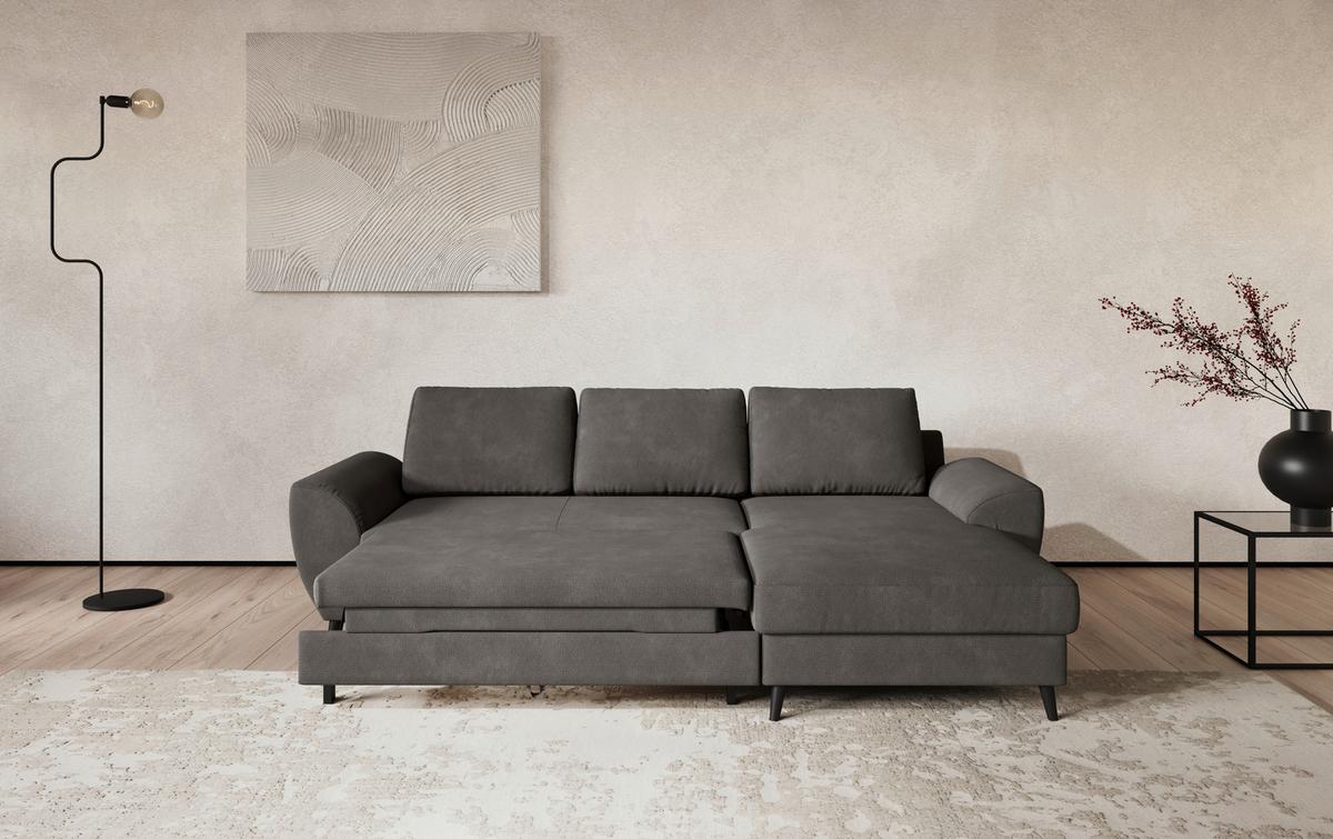 Ecksofa mit Bettfunktion Terra Chenille grau, B: 255cm - Schwarz/Grau, Trend, Textil (255/154cm) - MID.YOU