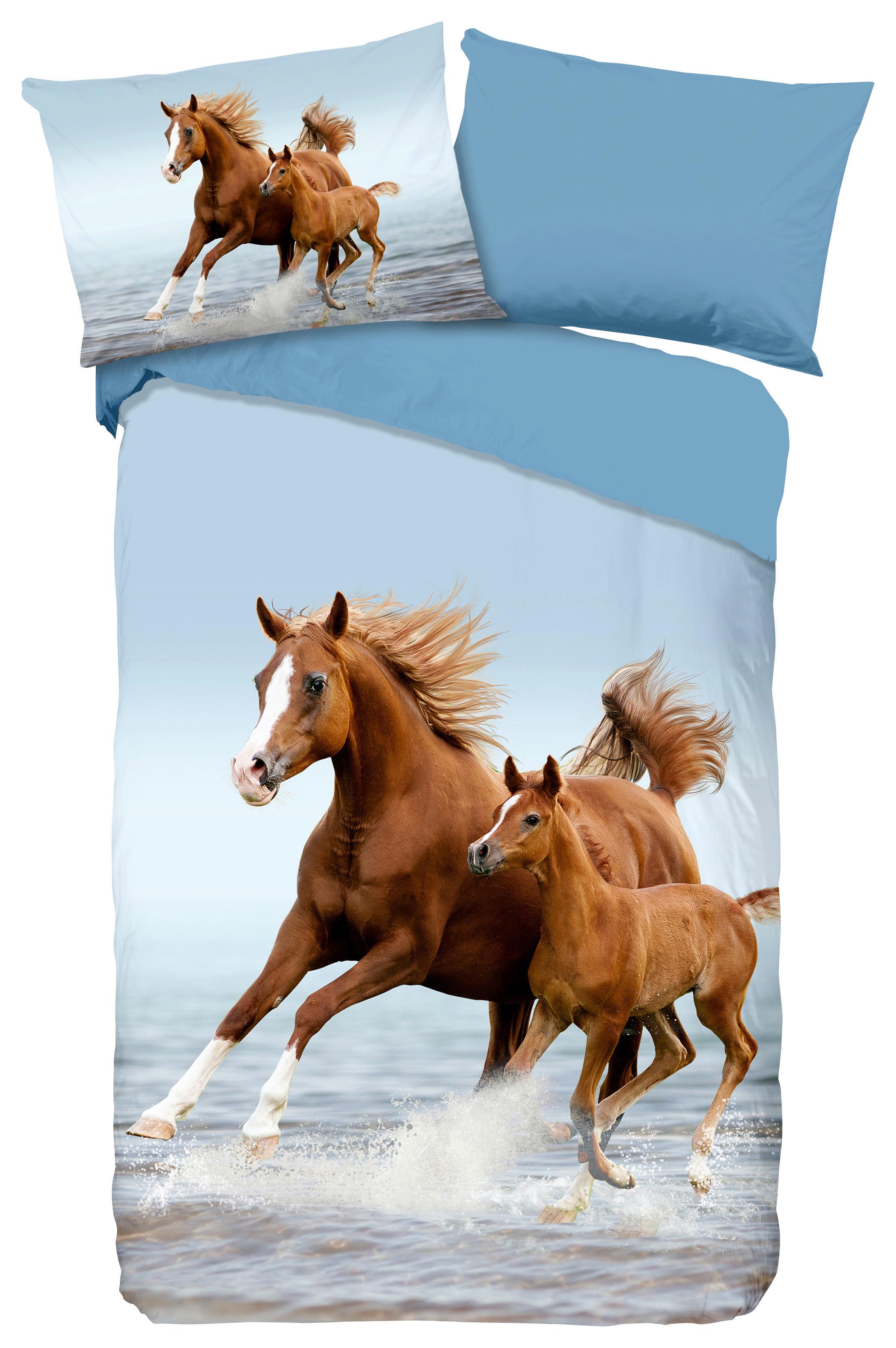 Kinderbettwäsche 140x200 cm Free Pferde Renforcé - Blau/Multicolor, Basics, Textil (140/200cm)