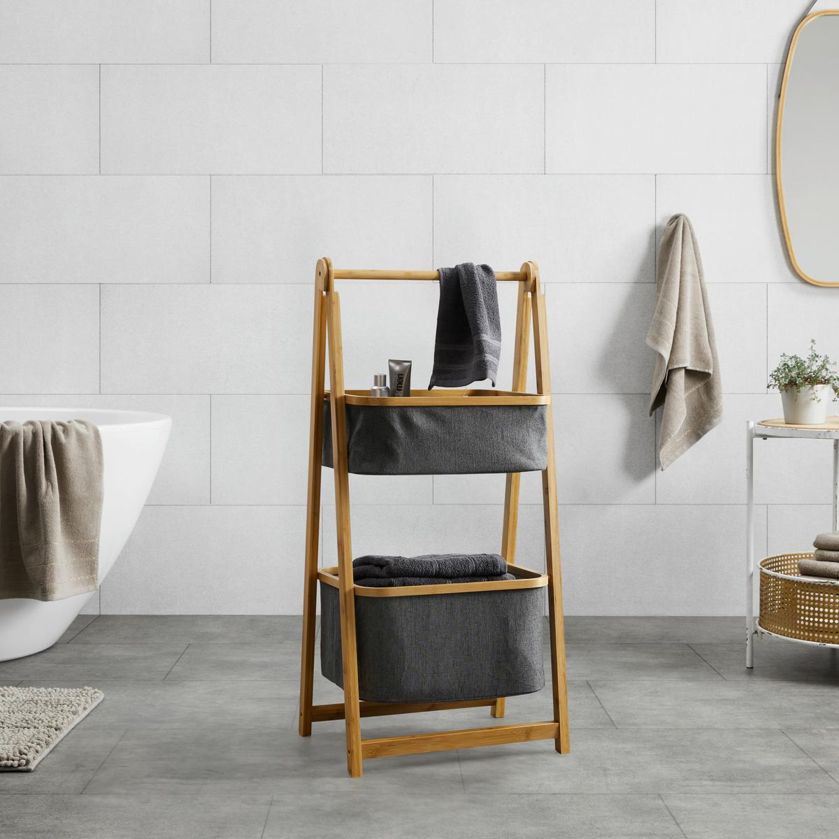 Úložný regál MISAKI tmavě šedý - tmavě šedá, Moderní, dřevo/textil (44/35/99cm) - Bessagi Home