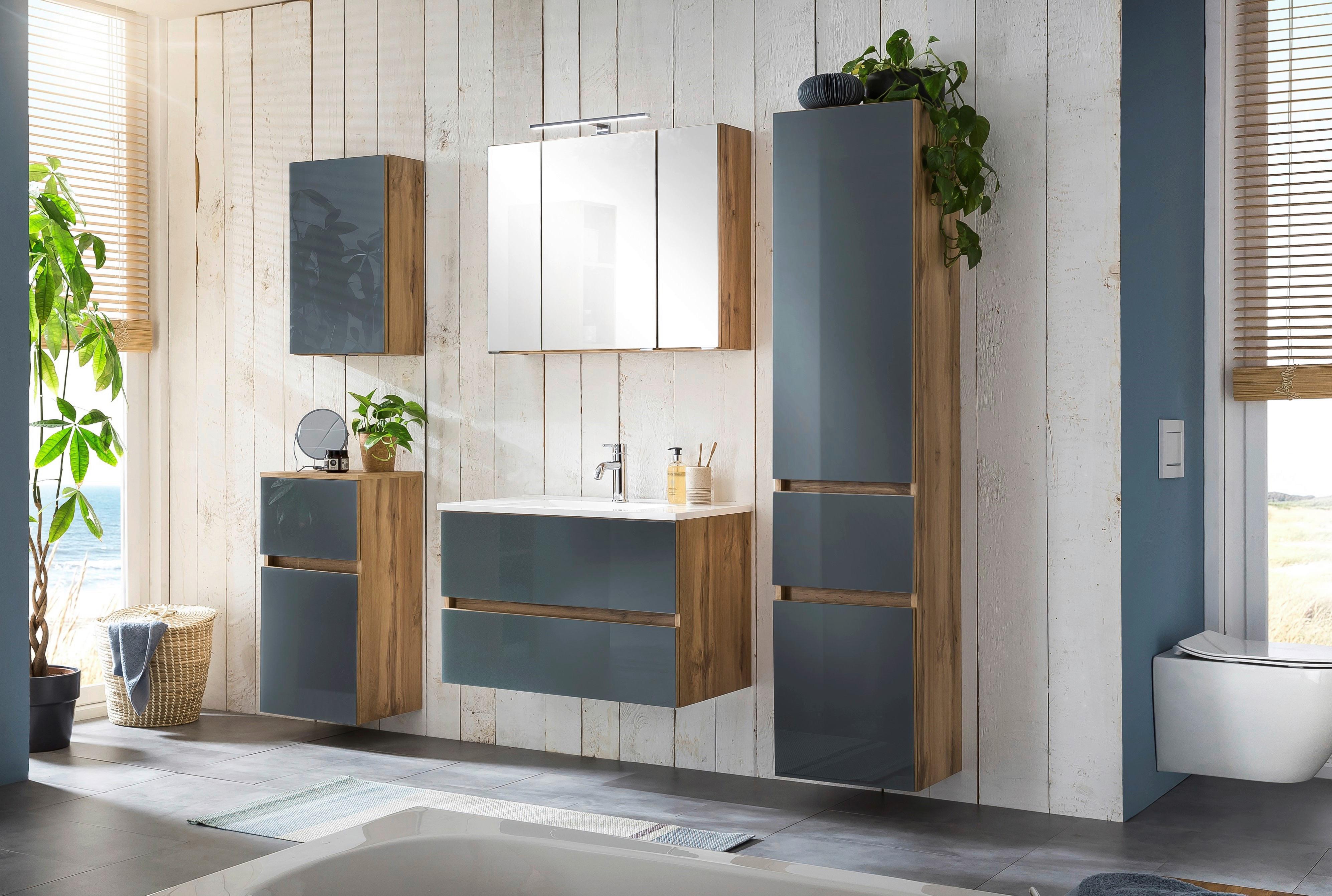 Badmöbel-Set 6-Tlg. inkl. LED Helsinki, Weiß/Eiche - Eichefarben/Grau, KONVENTIONELL, Glas/Holzwerkstoff (160cm) - Held