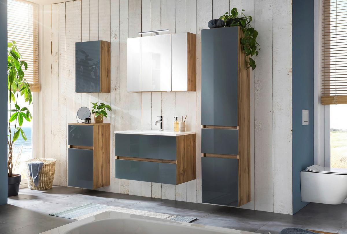 Badmöbel-Set 6-Tlg. inkl. LED Helsinki, Weiß/Eiche - Eichefarben/Grau, KONVENTIONELL, Glas/Holzwerkstoff (160cm) - Held