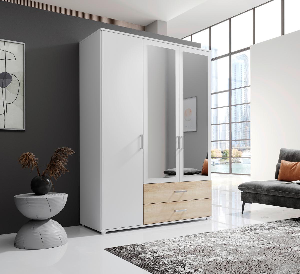 Drehtürenschrank Mit Laden 125cm Ivar Weiß/eiche Dekor - Weiß/Sonoma Eiche, MODERN, Holzwerkstoff (125/190/51cm) - MID.YOU