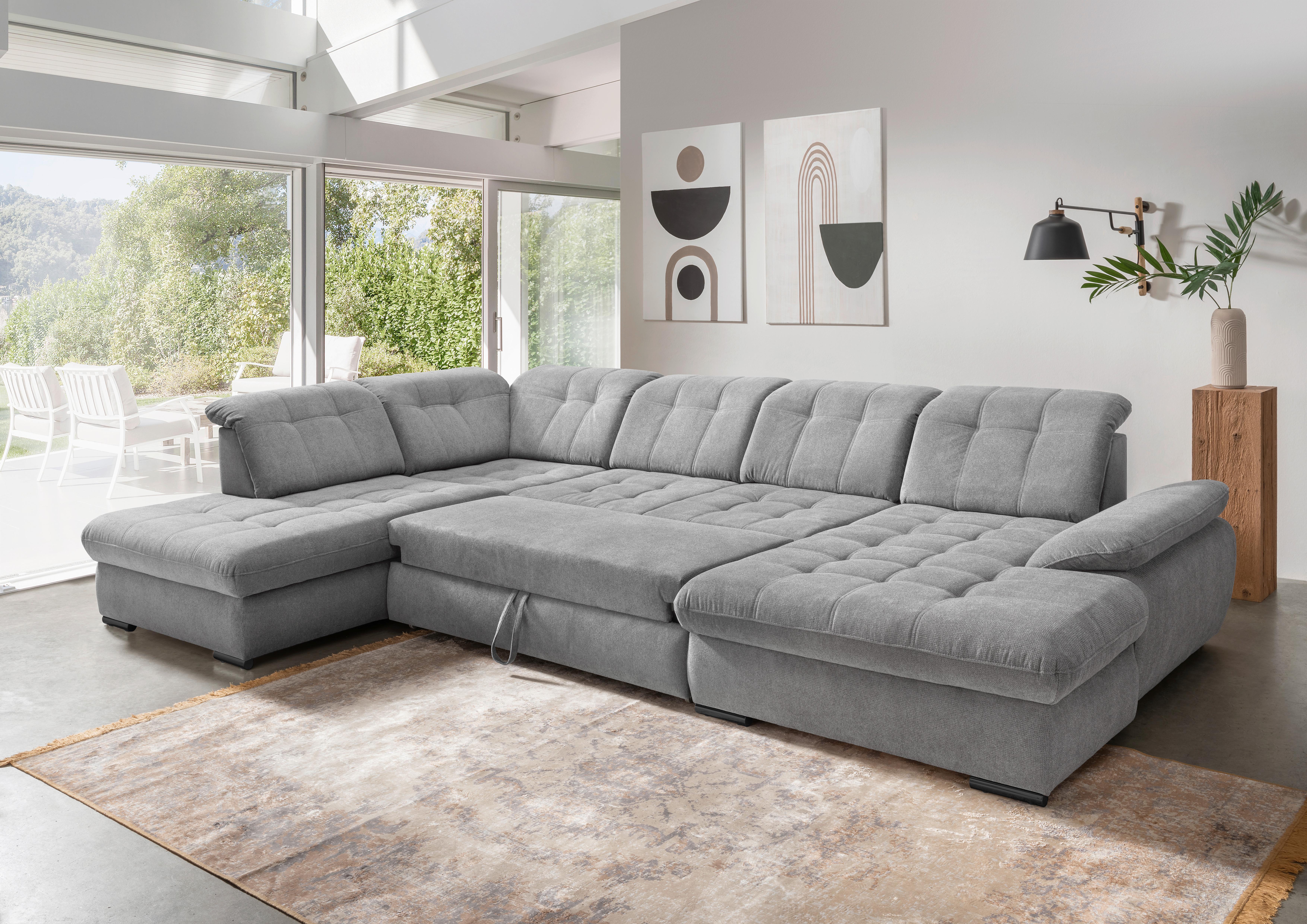 Wohnlandschaft mit Bettkasten Rigatti Silberfarben B: 387 cm - Silberfarben/Schwarz, MODERN, Textil (252/387/184cm) - Livetastic