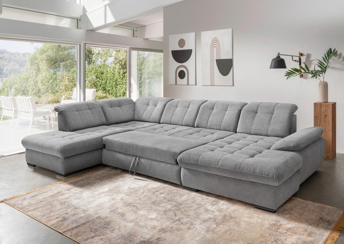 Wohnlandschaft Mit Bettkasten Rigatti Silberfarben B: 387 Cm - Silberfarben/Schwarz, MODERN, Textil (252/387/184cm) - Livetastic