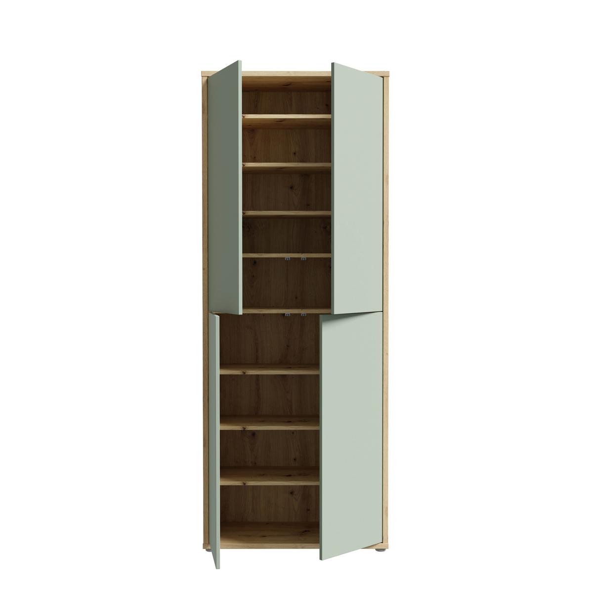 Skříň na boty, pastelově zelená/dub artisan - šedá/šalvějově zelená, Moderní, kompozitní dřevo/plast (74,5/191,9/34,9cm)