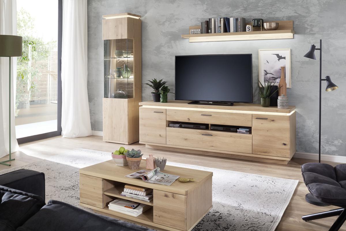 Wohnkombination dreiteilig mit LED-Beleuchtung, Vitrine, TV-Element und Wandboard