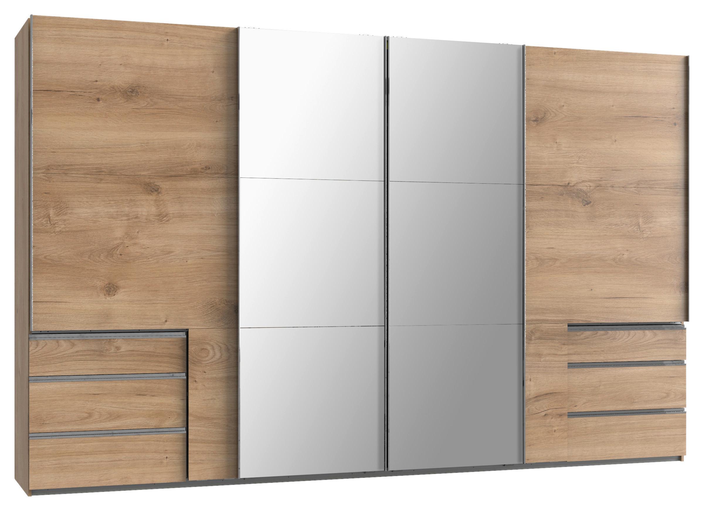 Schwebetürenschrank Mit Spiegel + Laden 350cm Level 36a, Eiche - Eichefarben, Basics, Holzwerkstoff (350/216/65cm) - MID.YOU