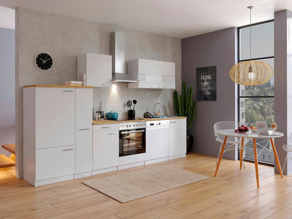 Küchenzeile Economy mit Geräten 310 cm Weiß/Nussbaum Dekor - Nussbaumfarben/Weiß, Basics, Holzwerkstoff (310cm) - Respekta
