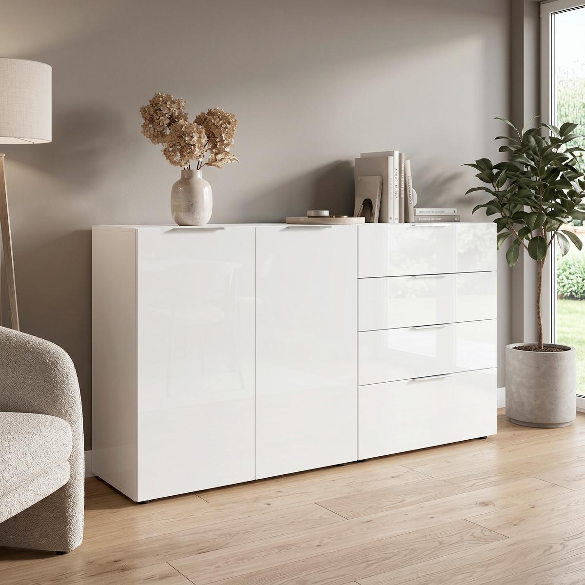 Sideboard mit Glasfronten B: 184 cm GW-Oakland, Weiß - Schwarz/Weiß, KONVENTIONELL, Glas/Holzwerkstoff (184/102/42cm) - Germania
