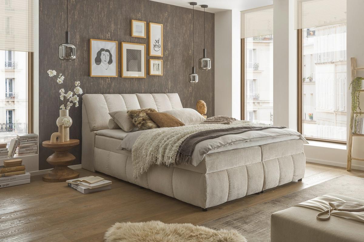 Boxbett Mit Topper+bettkasten 160x200 Cm Valencia - Beige/Schwarz, MODERN, Holzwerkstoff/Textil (160/200cm) - MID.YOU
