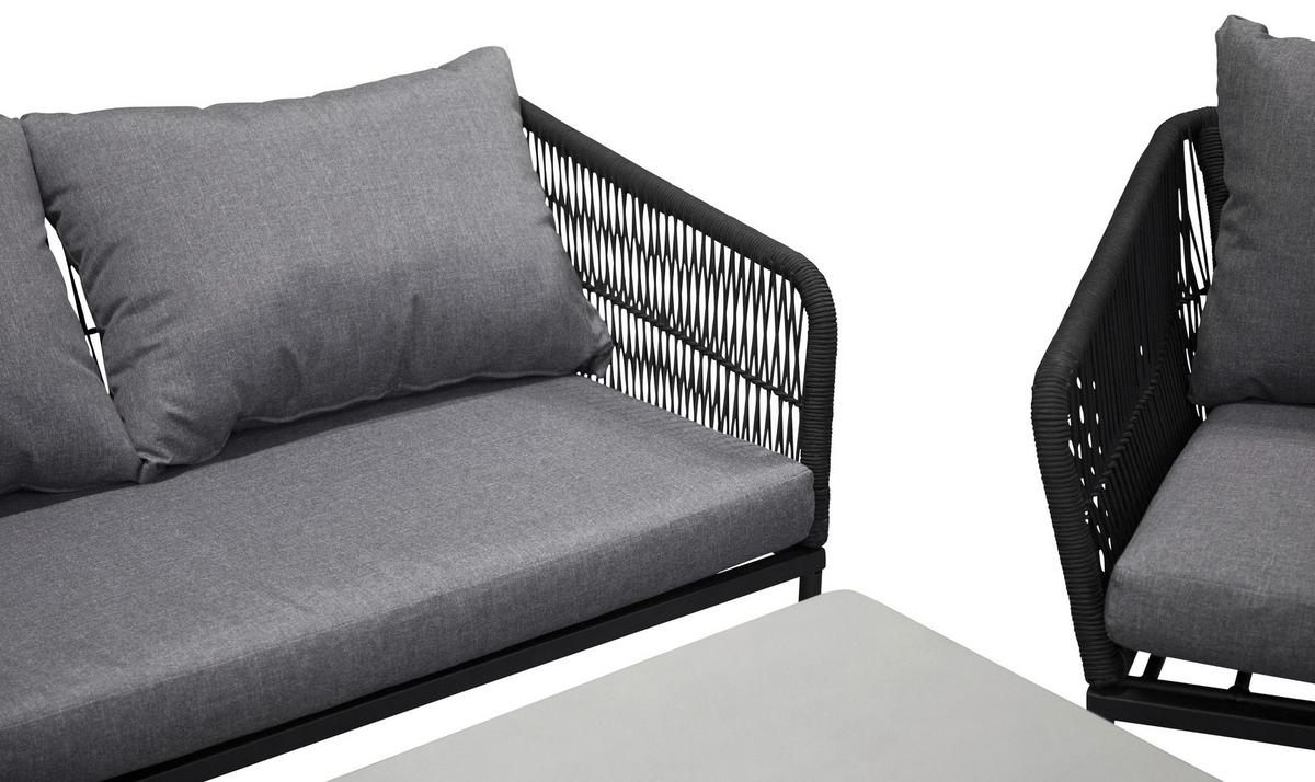 Loungegarnitur 4-Tlg. Lindos aus Aluminium mit Kissen - Schwarz/Grau, KONVENTIONELL, Kunststoff/Textil (134/69/80cm) - Gardenson