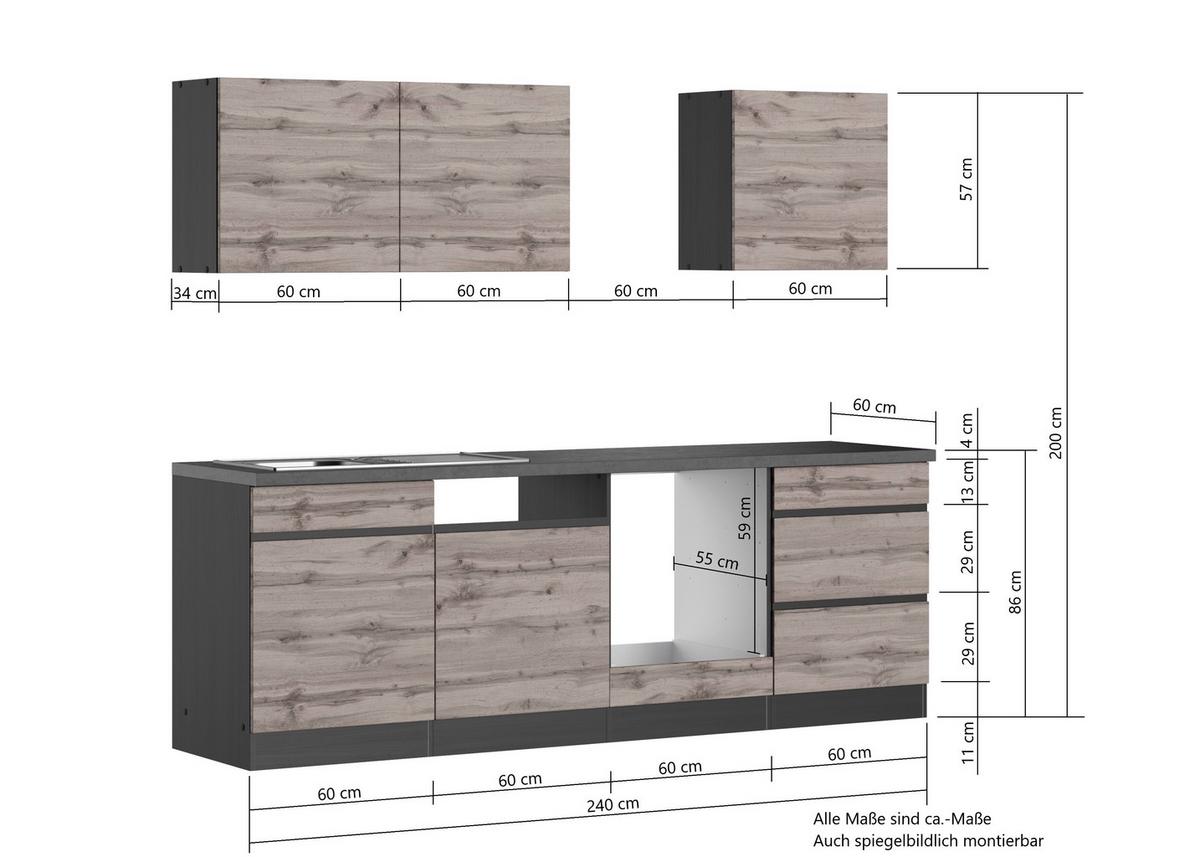 Küchenzeile Turin ohne Geräte B: 240cm Grau/Wotaneiche Dekor - Eiche Wotan/Grau, Design, Holzwerkstoff (240cm) - Held