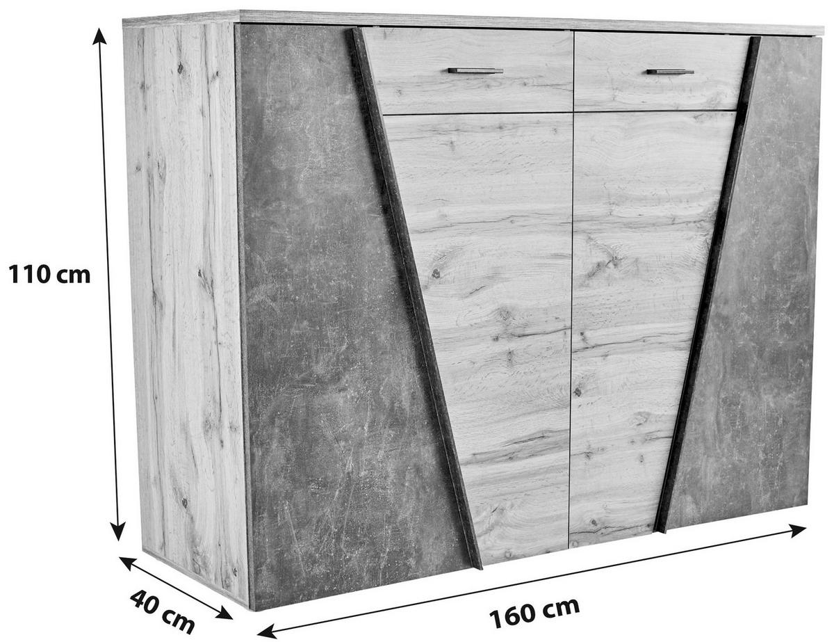 Kommode B 160cm Venedig, Wotan Eiche/beton Optik - Eichefarben/Schwarz, MODERN, Holzwerkstoff (160/110/40cm)