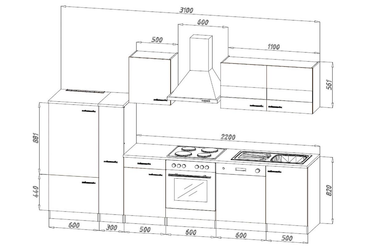 Küchenzeile ohne Geräte B: 310 cm Weiß/Grau/Nussbaum Dekor - Nussbaumfarben/Weiß, Basics, Holzwerkstoff (310cm) - Respekta