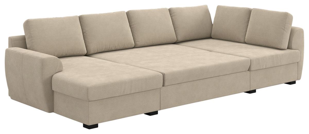 Wohnlandschaft m. Bettfunktion Cord braun, B: 327cm - Schwarz/Braun, Trend, Textil (154/327/86cm) - MID.YOU