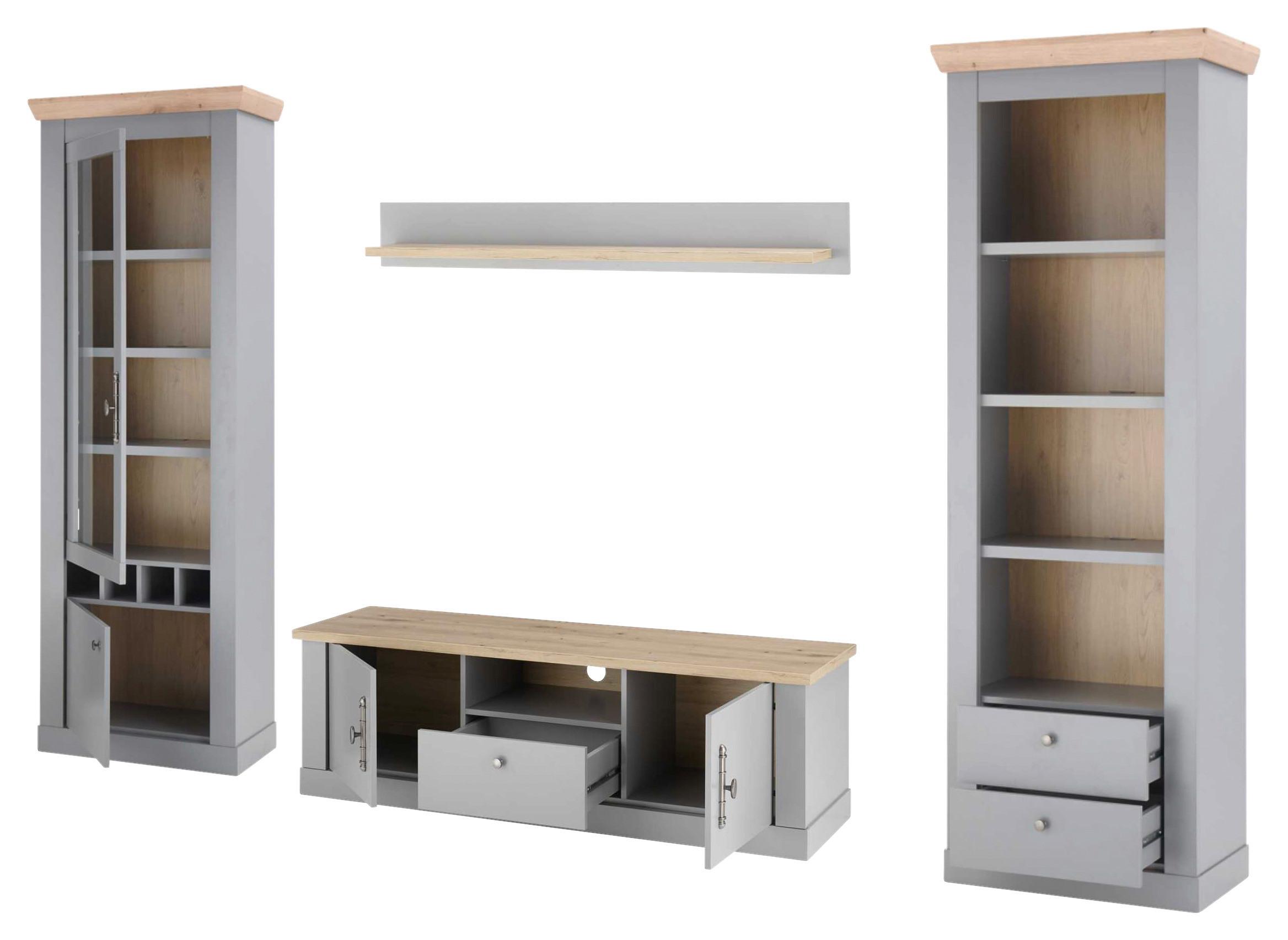 Wohnwand Chambord Hellgrau/Eichefarben B: 317cm - Eichefarben/Hellgrau, Design, Holzwerkstoff (317/201/44cm) - MID.YOU