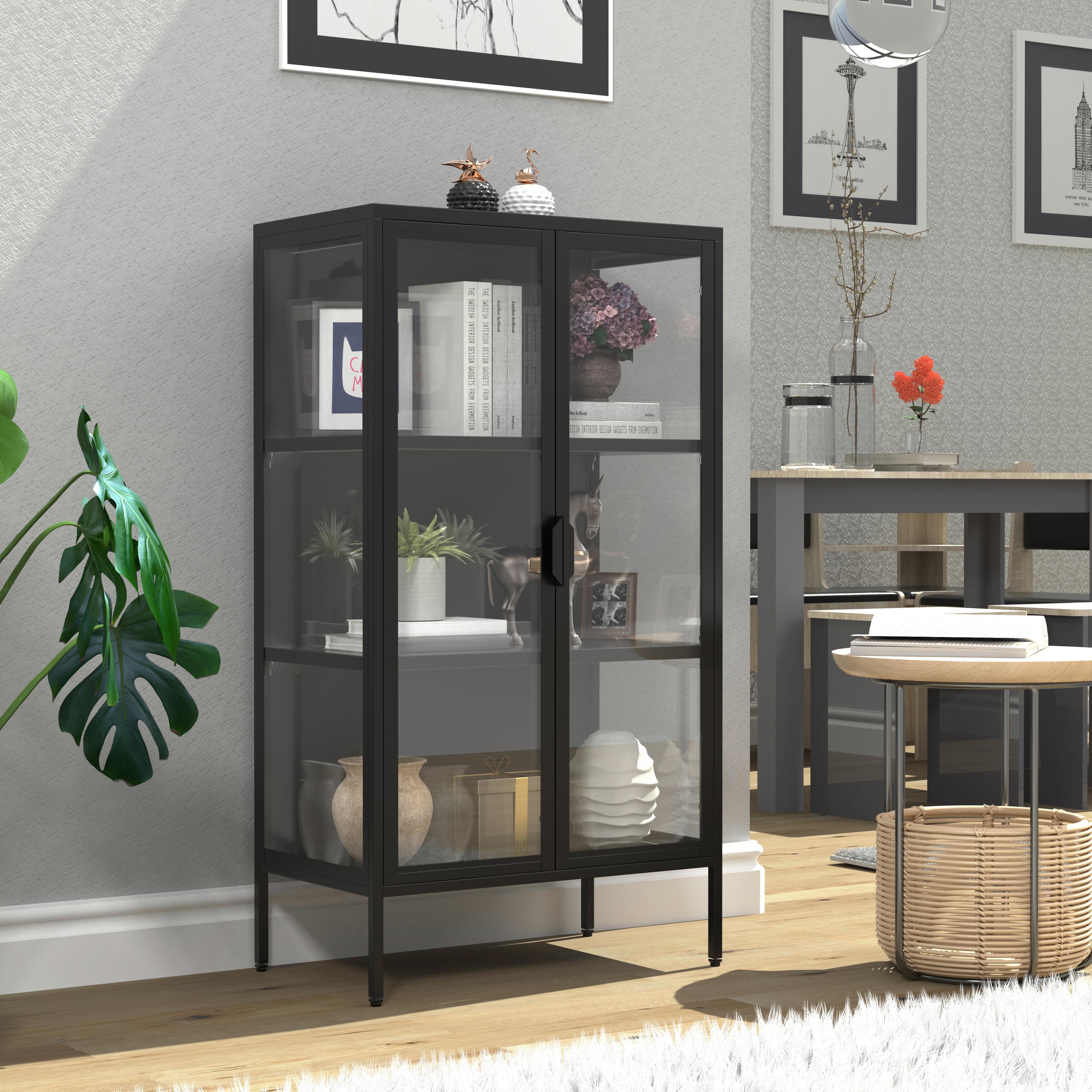 Vitrine Flako Schwarz B: 60 cm - Transparent/Schwarz, Design, Glas/Metall (60/110/35cm) - MID.YOU