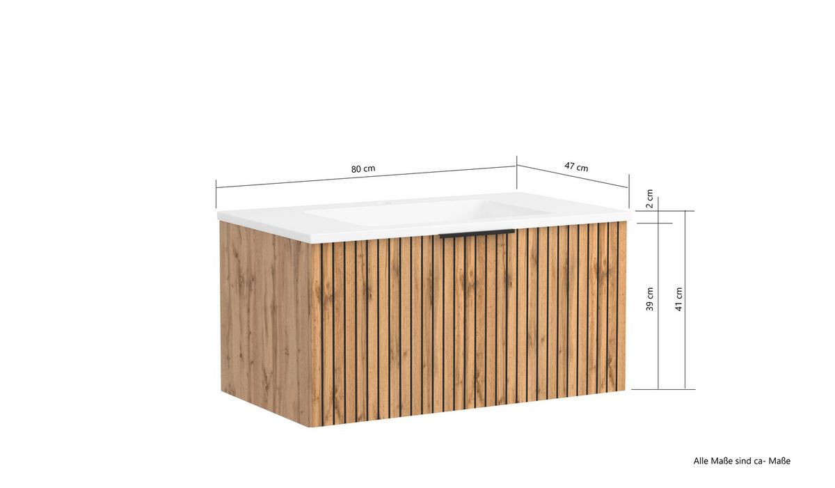 Waschbecken mit Unterschrank Chester B: 80 cm - Eiche Wotan/Schwarz, MODERN, Holzwerkstoff/Stein (80cm) - Held