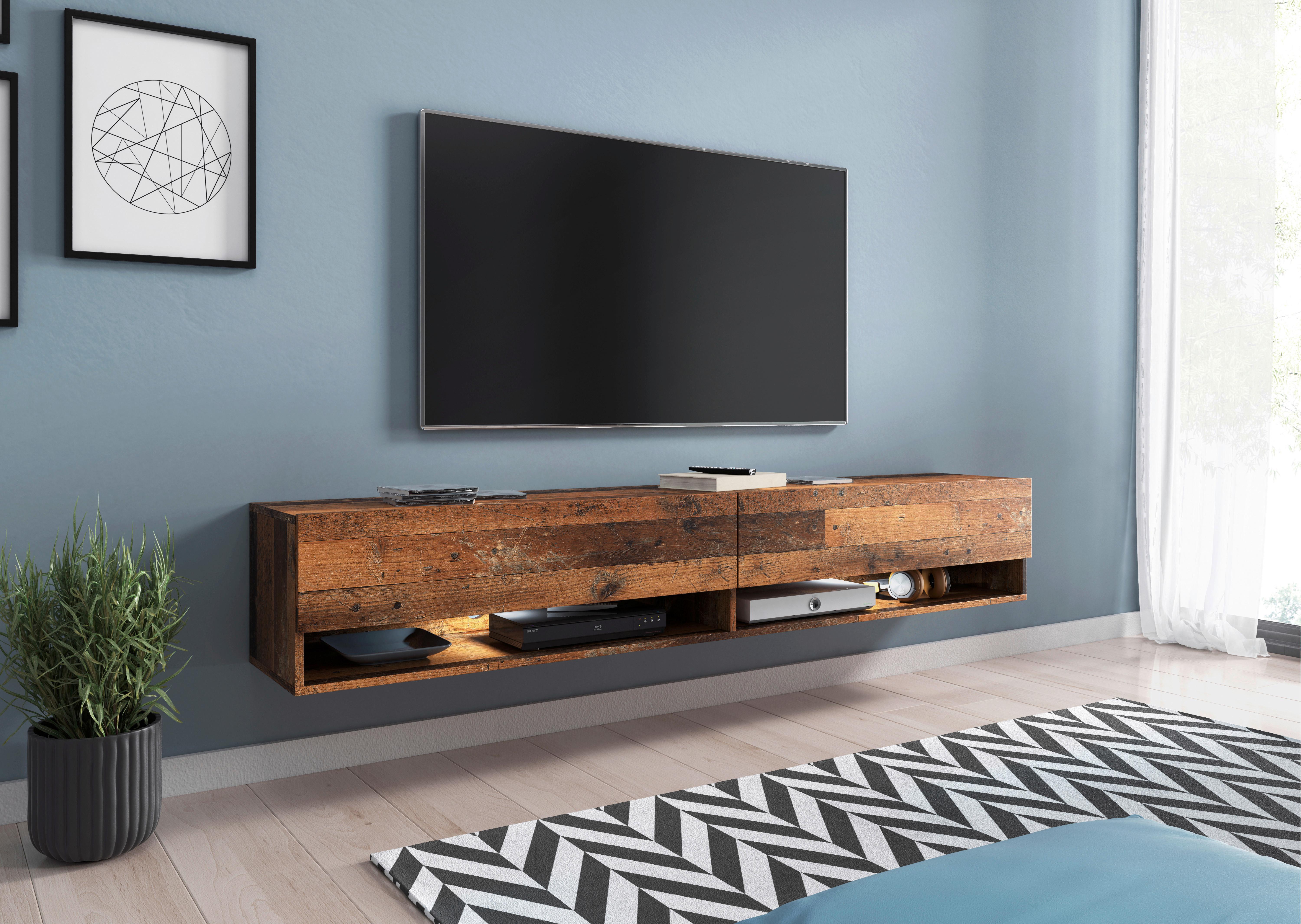 Nízká komoda s LED, barva starého dubu - šedá/barva starého dubu, Lifestyle, kompozitní dřevo/plast (180/30/32cm) - P & B
