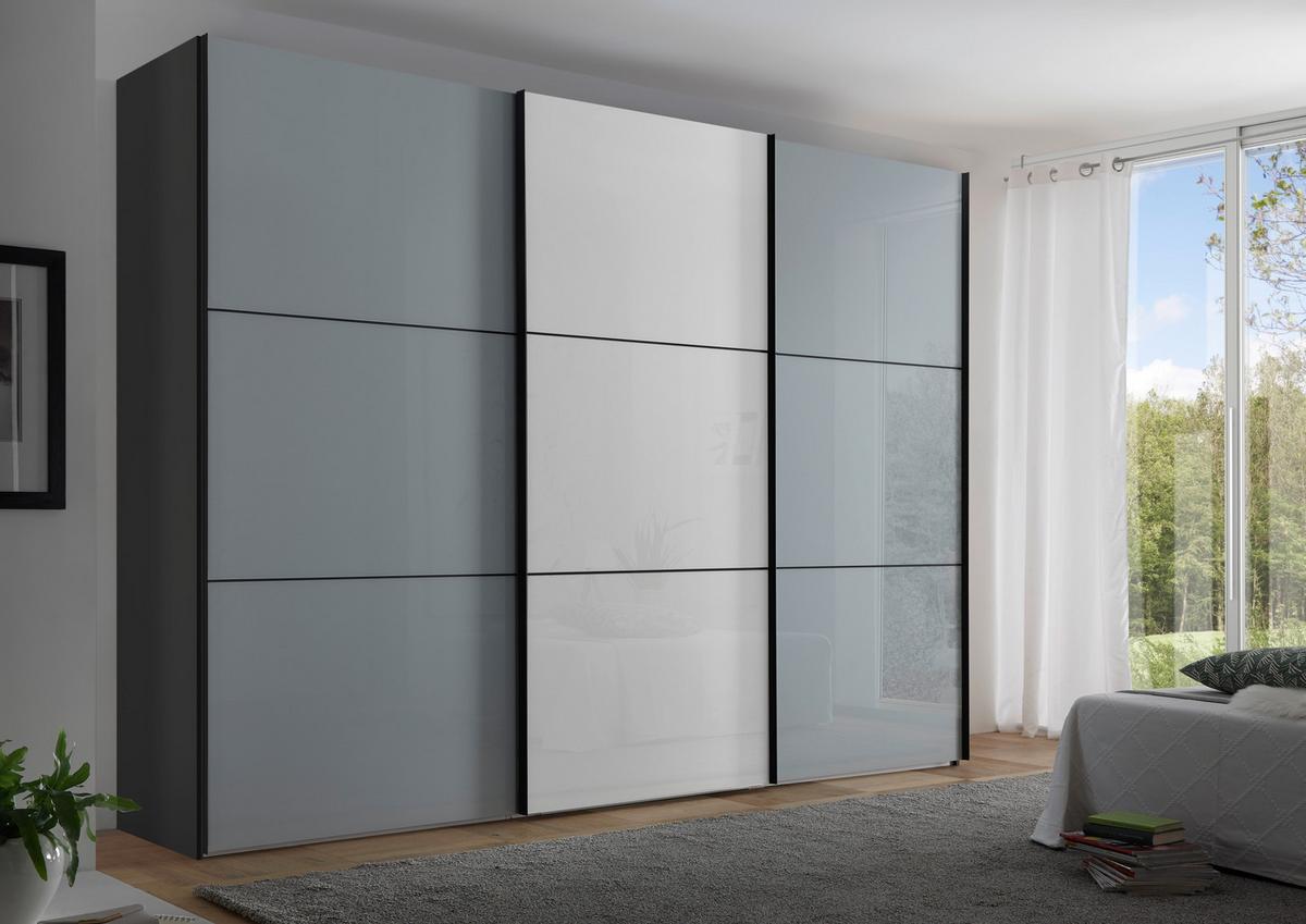 Schwebetürenschrank Glasfront 249 Cm Includo, Hellgrau/weiß - Dunkelgrau/Hellgrau, MODERN, Glas/Holzwerkstoff (249/222/68cm)