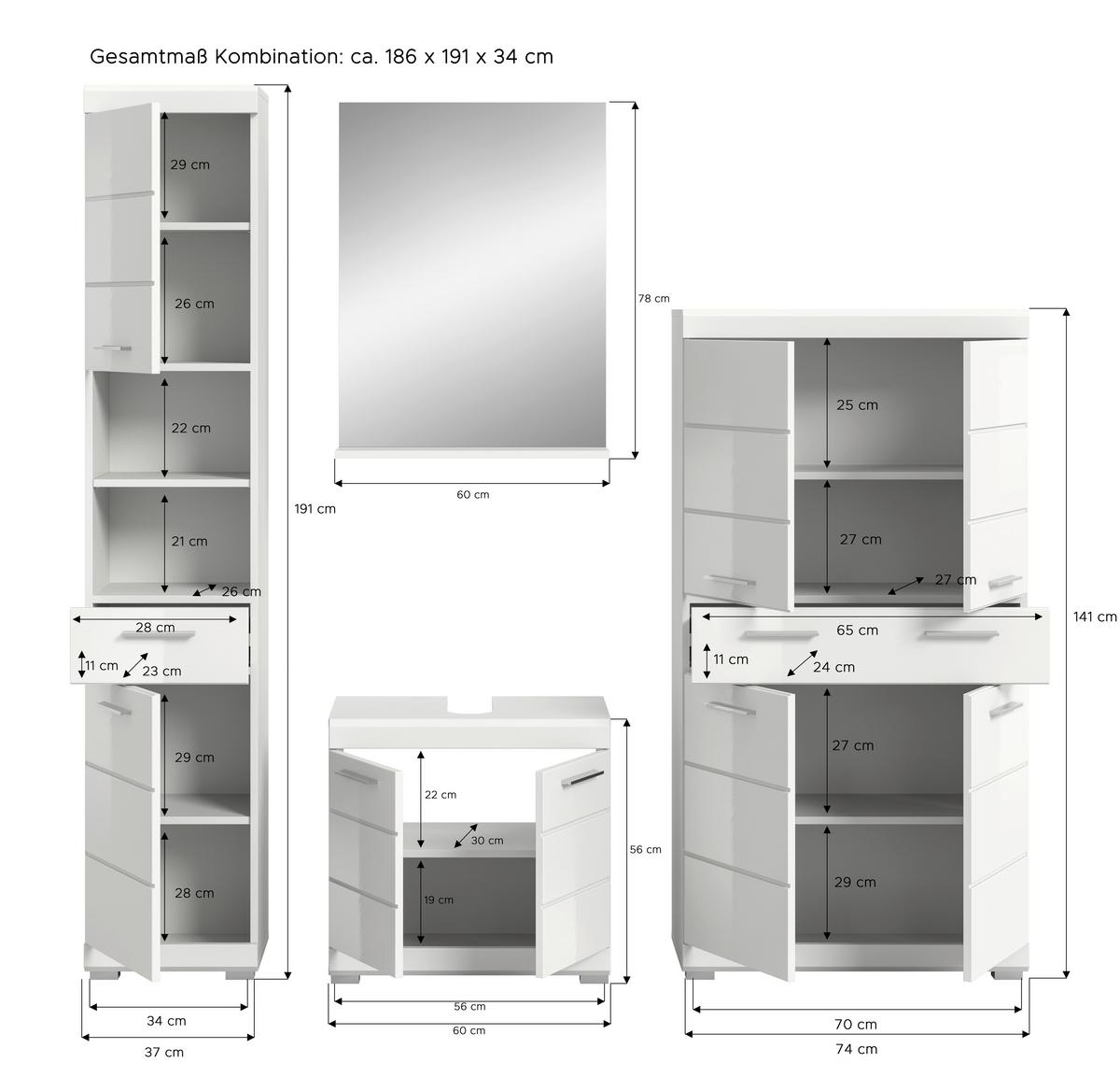 Badezimmer Scout Weiß B: 171 cm - Weiß Hochglanz/Silberfarben, MODERN, Glas/Holzwerkstoff (171cm) - MID.YOU