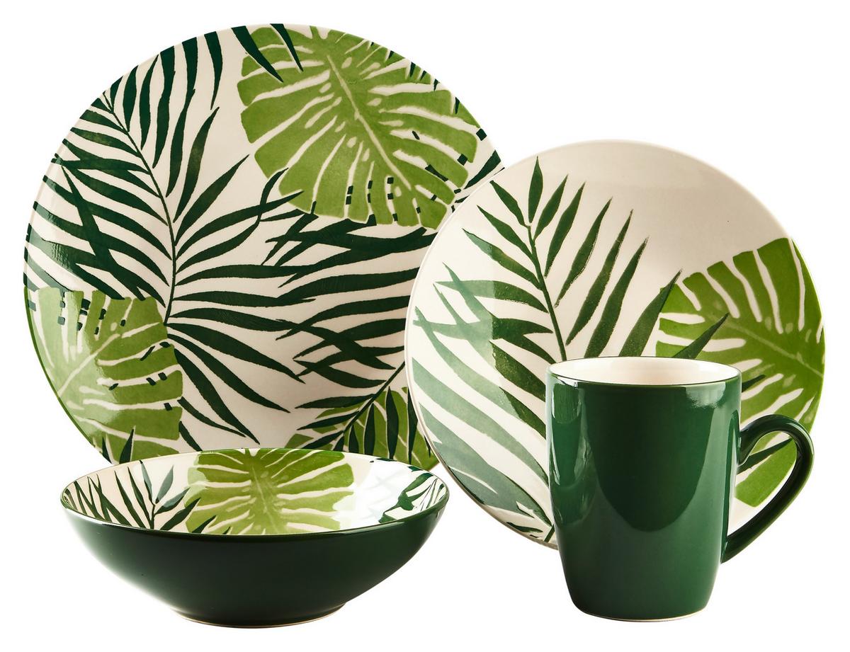 Kombiservice Aus Keramik, 4 Personen, Geschirr Set - Weiß/Grün, Basics, Keramik - Creatable