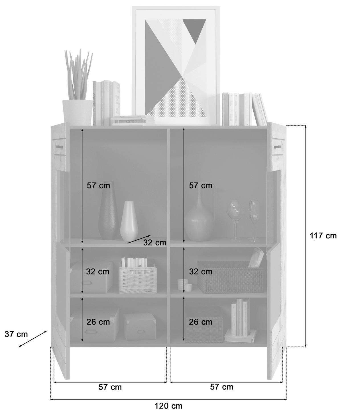 Highboard Freno B: 120 Cm Grau Nb, Nox Oak Dekor - KONVENTIONELL, Glas/Holzwerkstoff (120/117/37cm) - MID.YOU
