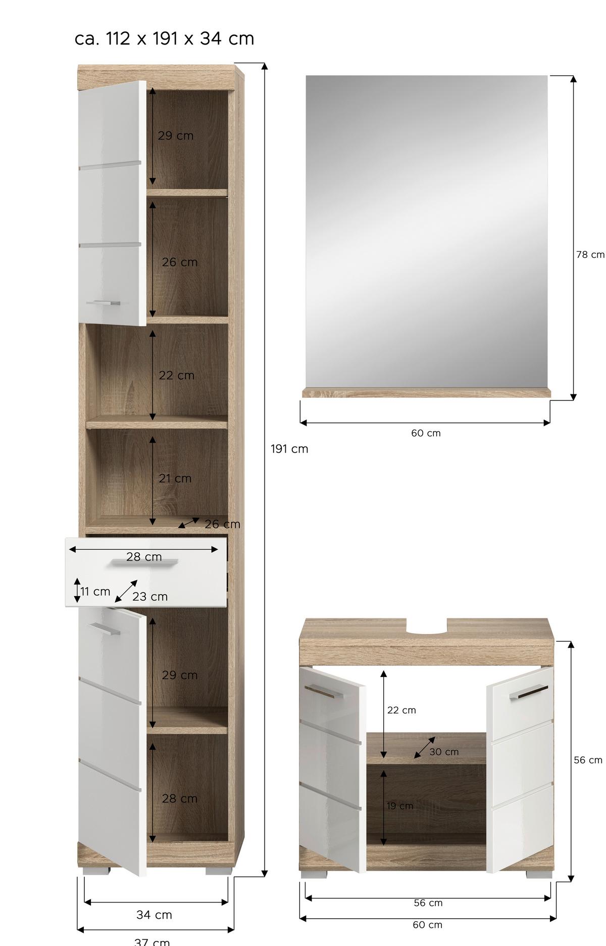 Badezimmer Lambada Eiche Dekor/weiß B: 97 Cm - Weiß Hochglanz/Silberfarben, MODERN, Glas/Holzwerkstoff (97cm) - MID.YOU