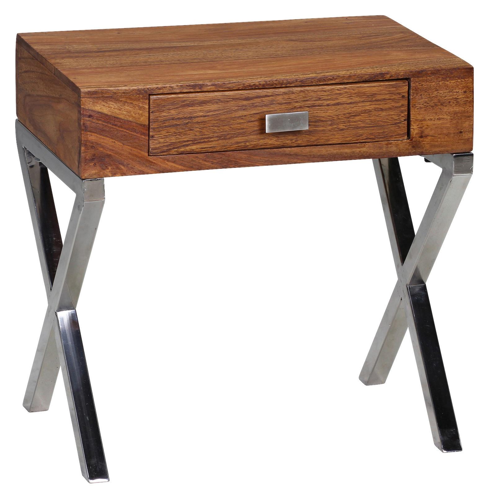 Nočný stolek z masivu Sheesham GUNA - barvy sheesham/barvy chromu, Moderní, kov/dřevo (45/45/50cm) - MID.YOU