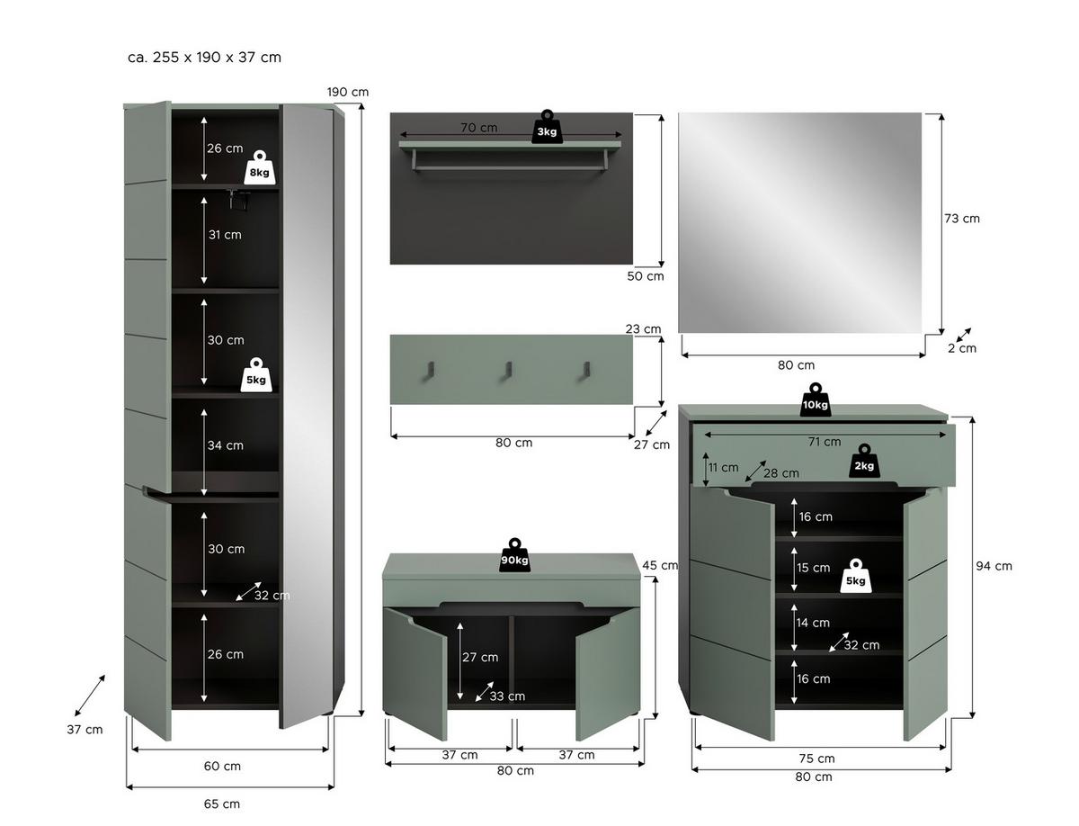 Garderobe Canu 5-Teilig Grau/Grün B: 255 cm - Graugrün/Grau, Design, Holzwerkstoff (255/190/37cm) - Livetastic